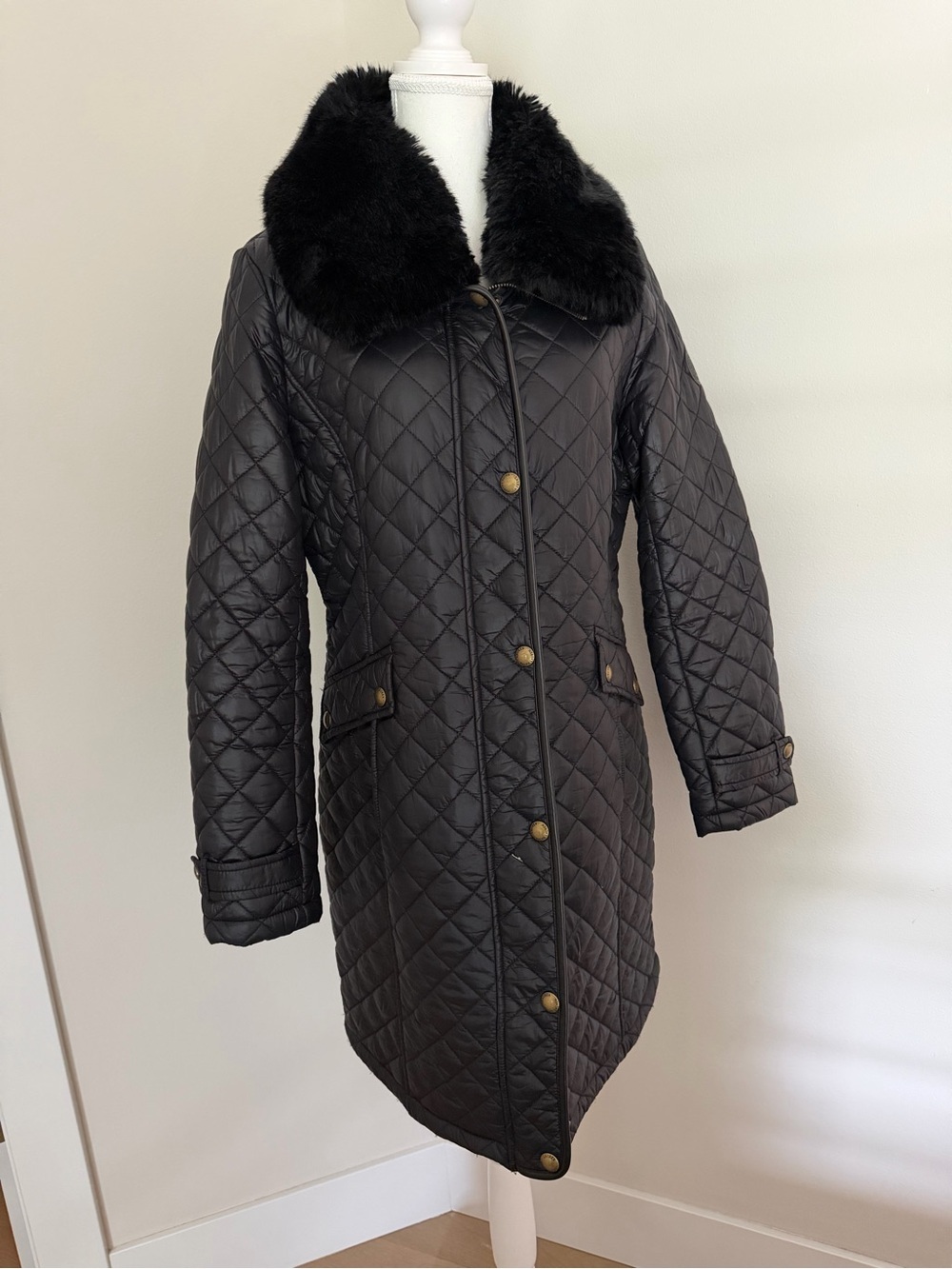Ralph Lauren Black Quilted Puffer Coat with Faux Fur Collar